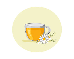  cup of chamomile tea with white flower. Icon vector illustration. 