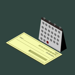 Fototapeta na wymiar Blank checkbook ( cheque ) and calendar icon vector illustration. Paycheck, payday and payroll concept.