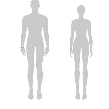 Women and men to do wrist measurement fashion Illustration for size chart. 7.5 head size girl and boy for site or online shop. Human body infographic template for clothes. 