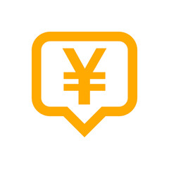 yen currency symbol in speech bubble square shape for icon, orange yen money for app symbol isolated on white, currency digital yen icon for financial concept