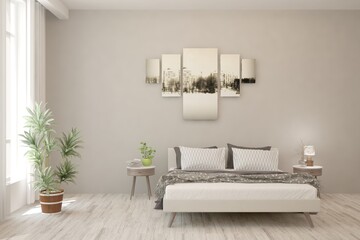 White bedroom interior. Scandinavian design. 3D illustration