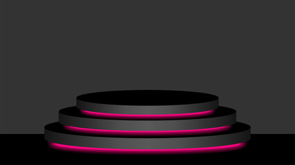 circle pedestal 3d black and pink light neon lamp glowing, cosmetics display modern and led light, podium stage show for position decor pink fluorescent glow light, pedestal box for product place