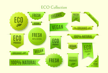 Set of green tags and badges with the words eco product, fresh, vegan. Eco collection, offers isolated on white background