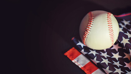 American traditional sports game. Baseball. Concept. Baseball ball and bats on a table with american flag.