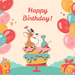 Vector postcard in cartoon style,.with a festive inscription. Happy birthday greeting card with funny corgi. Next to the puppy is a cake, multi-colored balloons, confetti on a light background.