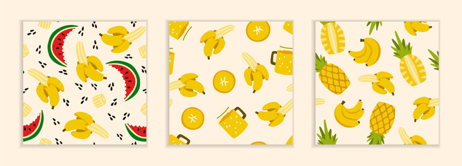 Yellow bananas and pineapples, red watermelons. Whole juicy fruits and slices. Set of seamless patterns on a beige background. Three drawn patterns in flat style. Summer cheerful cute banner.