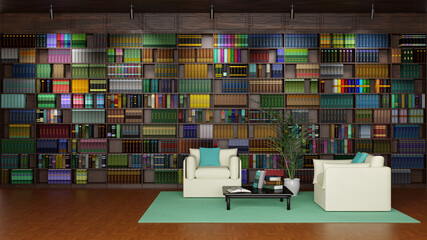 Grande libreria inserita in elegante salotto. Arredamento in legno ed illuminazione creano una calda atmosfera.. © massimo_g