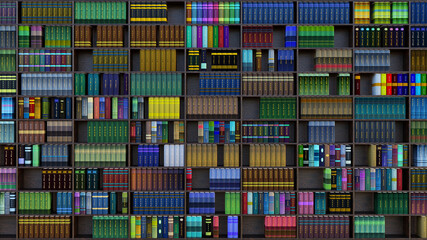 Libreria in primo piano. Numerosi libri sono allineati sugli scaffali di una grande libreria. © massimo_g