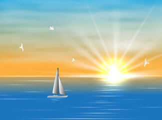 Sailing ship floating in the ocean in the morning. A silhouette of a boat with sails floating on the sea during the day. Realistic picture of the sea and seagulls. Yellow Sun and clouds and sea