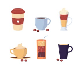 Set of coffee mugs and cups with coffee drink flat vector illustration isolated.