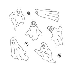 Halloween ghost silhouette character set. Spooky ghost in medical mask. Hand drawn doodle. Collection for celebration, template and decoration. Vector illustration, isolated on white background.