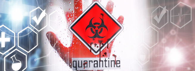 Quarantine. Quarantine warning sign on a glass door in a hospital isolator. Isolation of patients...