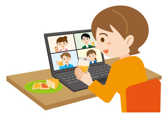 ノートパソコンでオンライン飲み会に参加する女性のイラスト/白背景	