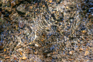 Silky ripples in water of a crystal clear water creek as idyllic natural background with high angle view shows zen meditation and little waves in a healthy mountain spring with a clear floating stream