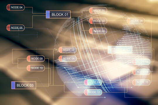 Double exposure of abstract creative programming illustration and world map on shiny metal background, big data and blockchain concept
