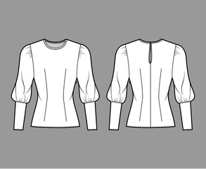 Blouse technical fashion illustration with round neckline, puffy mutton sleeves, fitted body, side zip fastening. Flat apparel template front white color. Women, men unisex CAD garment designer mockup