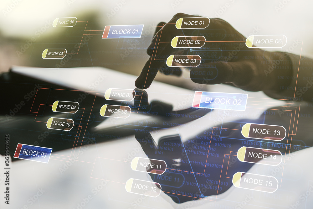 Poster double exposure of abstract programming language hologram with finger clicks on a digital tablet on 
