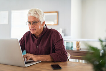 Senior man using laptop at home