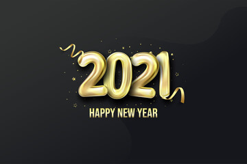 2021 happy new year with realistic golden balloon figures on a black background.