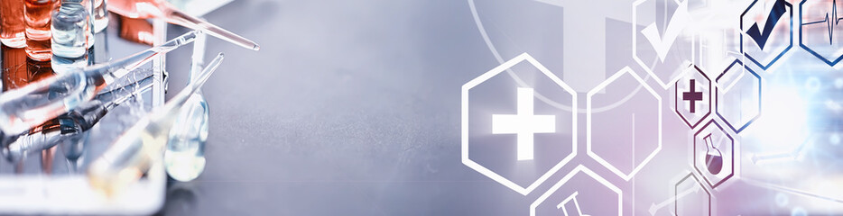 Test tubes with drugs and tests to test the victims and treat the infected. Ampoules with medicines. Set of test tubes with medicine.