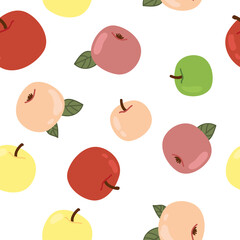 Vector seamless pattern with colored apples isolated on the white background. Summertime, fresh fruit with leaves in flat style. The best for fabric, home textile, home decor.