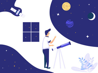 Fototapeta premium Man observe space stars with a telescope near a window. find ideas in space. technology concept. Vector illustration.