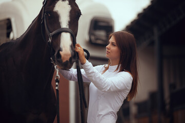 Equestrian sport - young girl rides on horse.