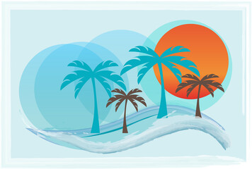 Fototapeta na wymiar Tropical island vector illustration with sun, waves, sea and palm trees