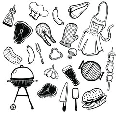 big set of vector illustration for barbecue party.  element: grill, hamburger, beaf steak, salon, kebab, apron, sausage, hot dog, mushroom,  . Hand drawn food. Icon, symbol, logo. ingredient for cook.