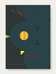 Abstract geometric memphis style. Blue ripple rings and bright lines with gold gradient patch on dark background.