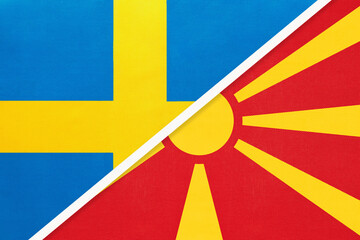 Sweden and North Macedonia, symbol of national flags from textile. Championship between two European countries.