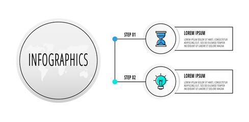Infographics circles with 2 steps, icons. Flat line vector template. Can be used for two diagrams, business, web, banner, workflow layout, presentations, flowchart