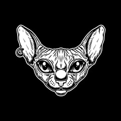 Illustration of head of Sphynx cat breed in vintage monochrome style. Design element for logo, emblem, sign, poster, card, banner. Vector illustration