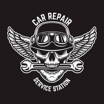 Car repair. Skull in winged helmet with wrench in teeth. Design element for logo, label, sign, t shirt. Vector illustration