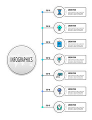 Infographics circles with 7 steps, icons. Flat line vector template. Can be used for seven business, web, workflow layout, flowchart, info graph, chart, processes diagram. Data visualization.