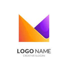 letter m logo template, modern 3d logo style in gradient yellow and purple color