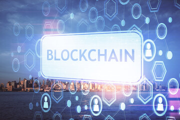 Double exposure of crypto currency theme hologram drawing and city veiw background. Concept of...