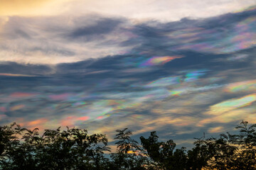 Beautiful iridescent cloud, Irisation. Skyscraper background.