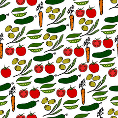 Seamless vegetable pattern. Vector illustration including olives, cucumbers, tomatoes, peas, carrots.