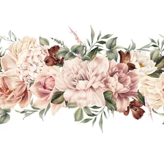 Fotobehang Pioenrozen Naadloze bloemmotief met bloemen op zomer achtergrond, aquarel illustratie. Sjabloonontwerp voor textiel, interieur, kleding, behang