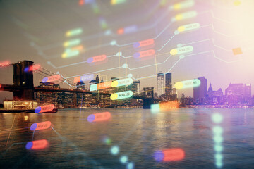 Data theme hologram drawing on city view with skyscrapers background multi exposure. Ai concept.