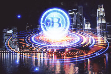 Fototapeta premium Multi exposure of cryptocurrency theme hologram drawing and city veiw background. Concept of blockchain and bitcoin.