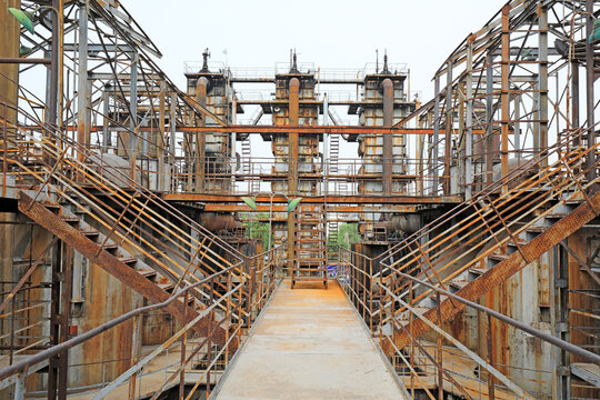 Unused and abandoned metal pipes in factories