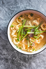 plant-based food, vegan ravioli pasta with vegetable broth and celeri