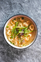 plant-based food, vegan ravioli pasta with vegetable broth and celeri