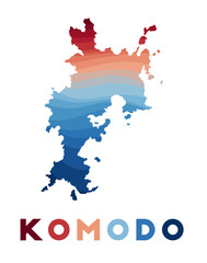 Komodo map. Map of the island with beautiful geometric waves in red blue colors. Vivid Komodo shape. Vector illustration.