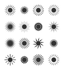 Sun icon. Circles with sunlights. Silhouettes for sunrise or sunset. Set of black logos for art, cartoon and meteorology. Symbol of nature, burst, summer and hot. Graphic shapes for label. Vector