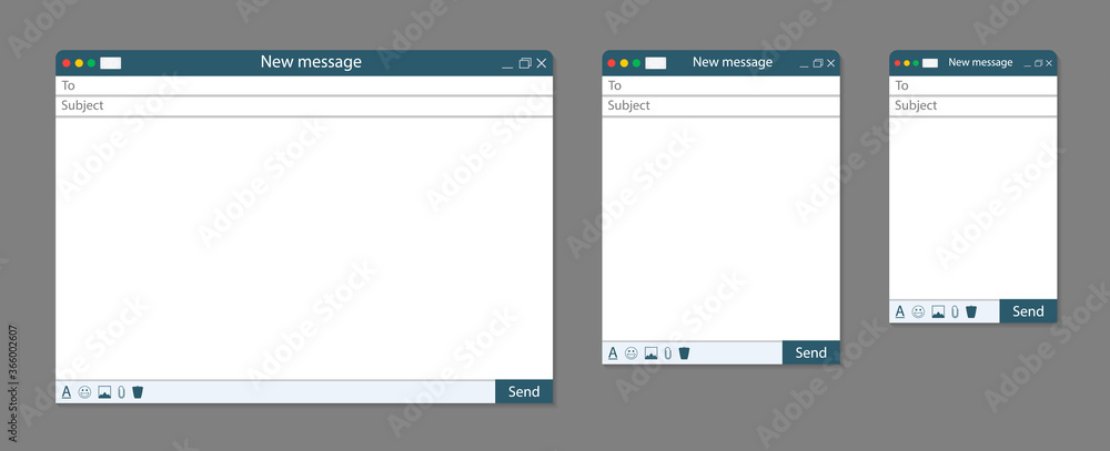 Poster email template. window of mail in browser with interface. blank message on screen of computer, phone
