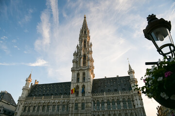Fototapeta na wymiar Sunset in Grand Place Market of Brussels in Belgium with blue sky and warm light