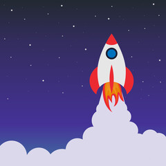 Rocket launch in space. Cartoon background with spaceship. Concept of travel in future. Success startup of business. Poster, banner and wallpaper for creative innovation. Landing with galaxy. Vector